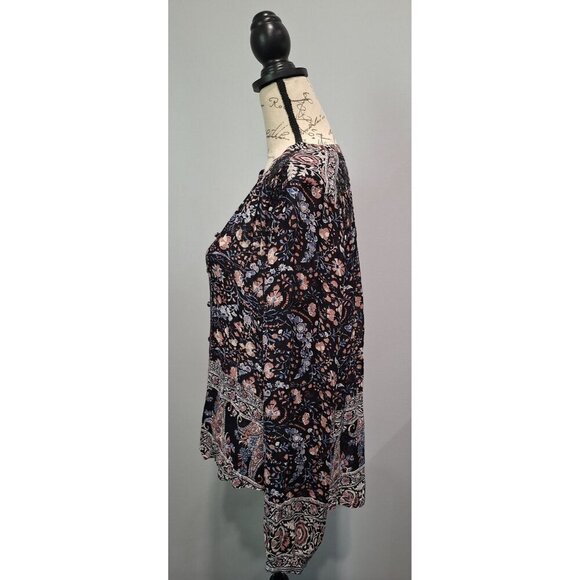 EUC Lucky Brand Black & Pink Floral Boho Long Sleeve Blouse/Sz. S - Picture 3 of 7